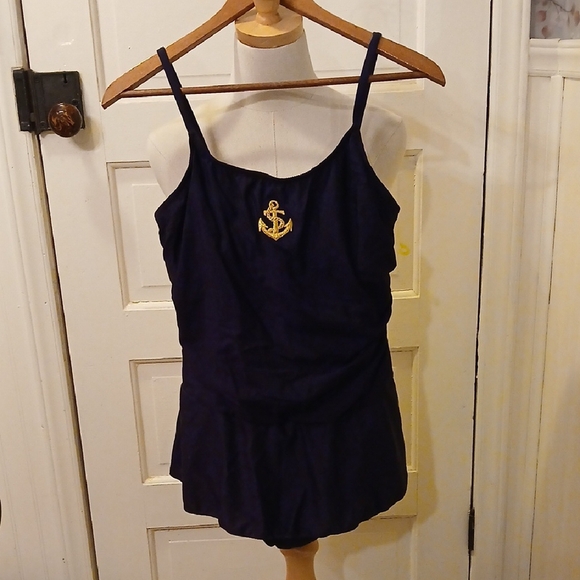 Navy Blue Swimsuit with Anchor Embroidery - Picture 1 of 2